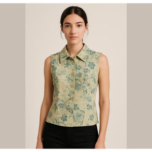 Vintage TR Bentley floral linen collared vest gilet top beige multi Sz L